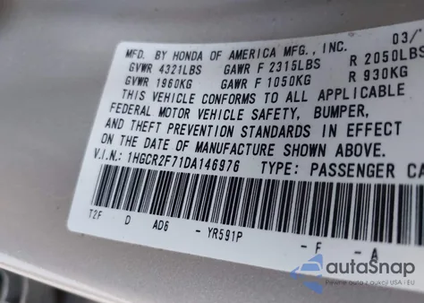 2013 Honda Accord Ex z USA, uszkodzony, nr VIN 1HGCR2F71DA146976